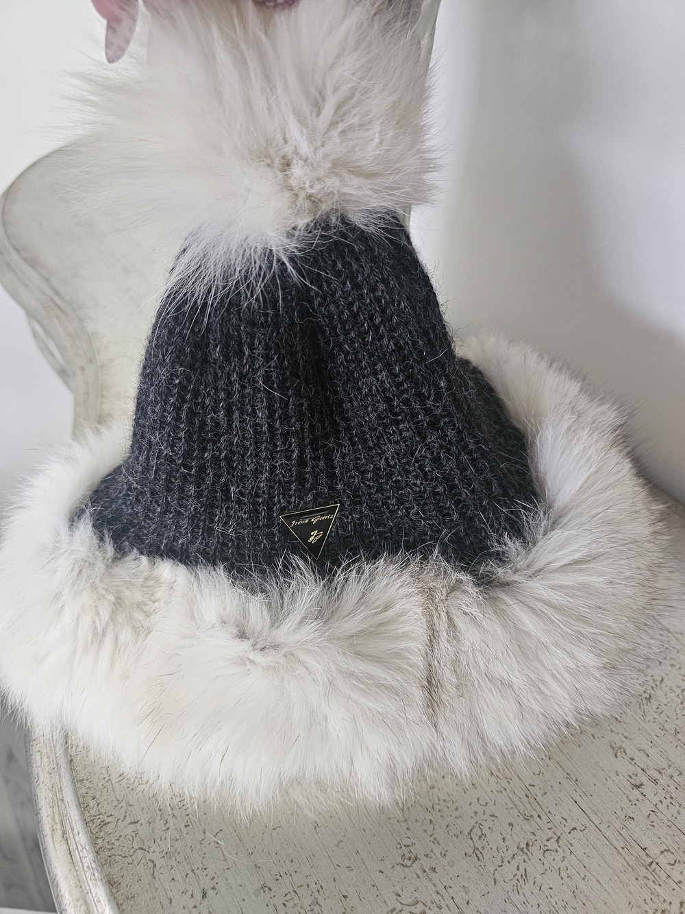 Knit Beanie with Cream Fur Trim and Pom